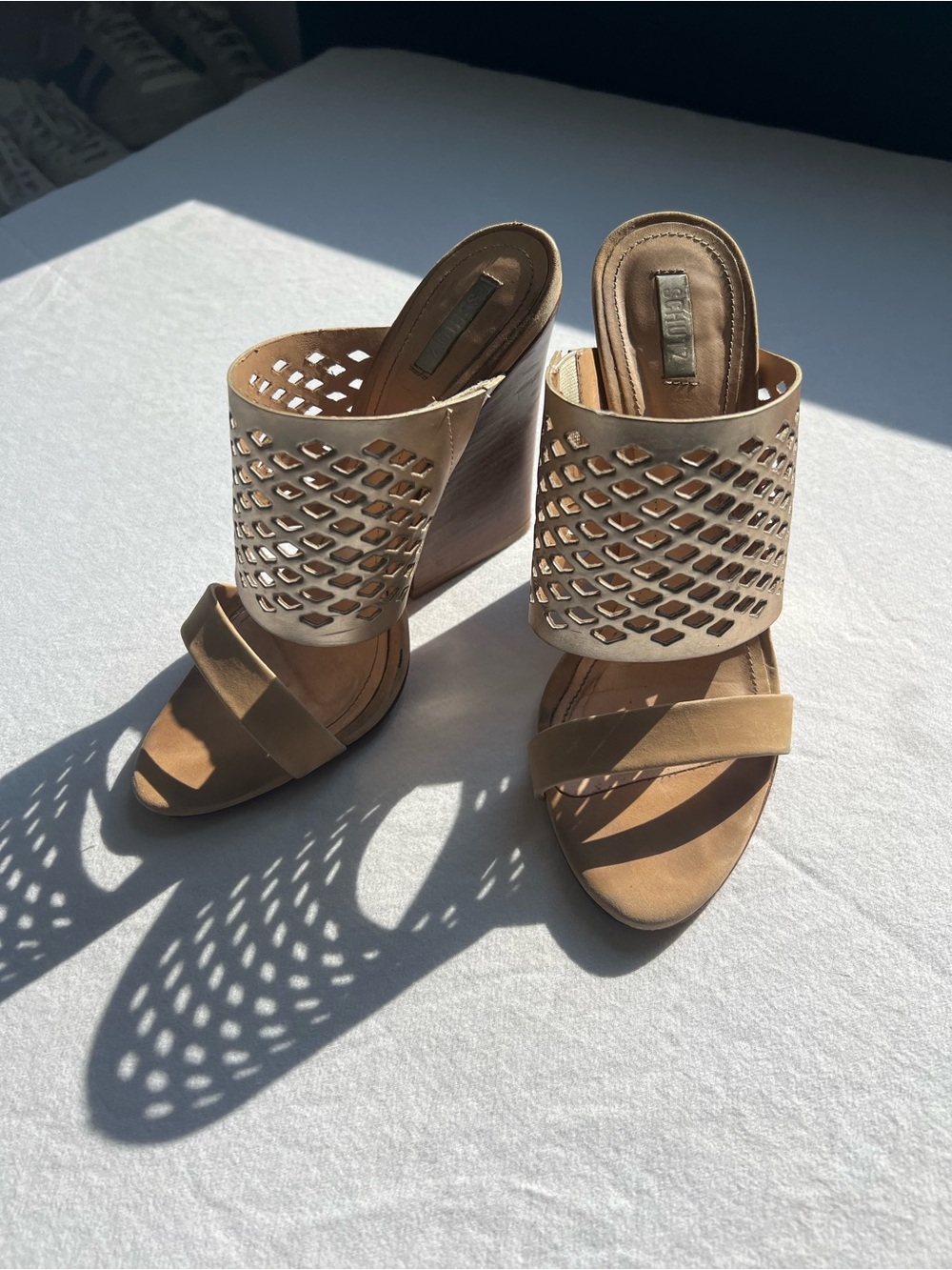 SCHUTZ Beige Laser-Cut Wedge Sandals